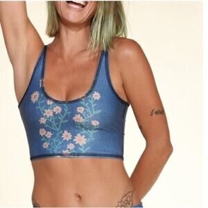 Teeki Crop Top Blue Woodstock Style Rainbow XS/S Yoga Pilates Gym Floral
